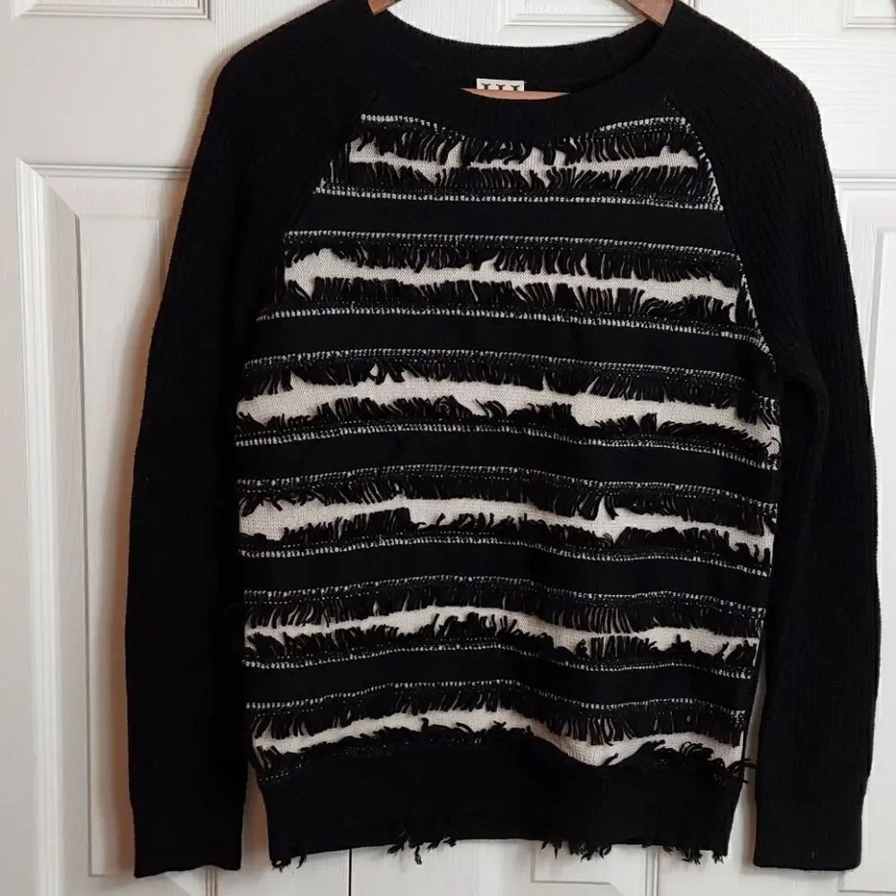 Haute Hippie Black Cream Fringe Merino Sweater XS